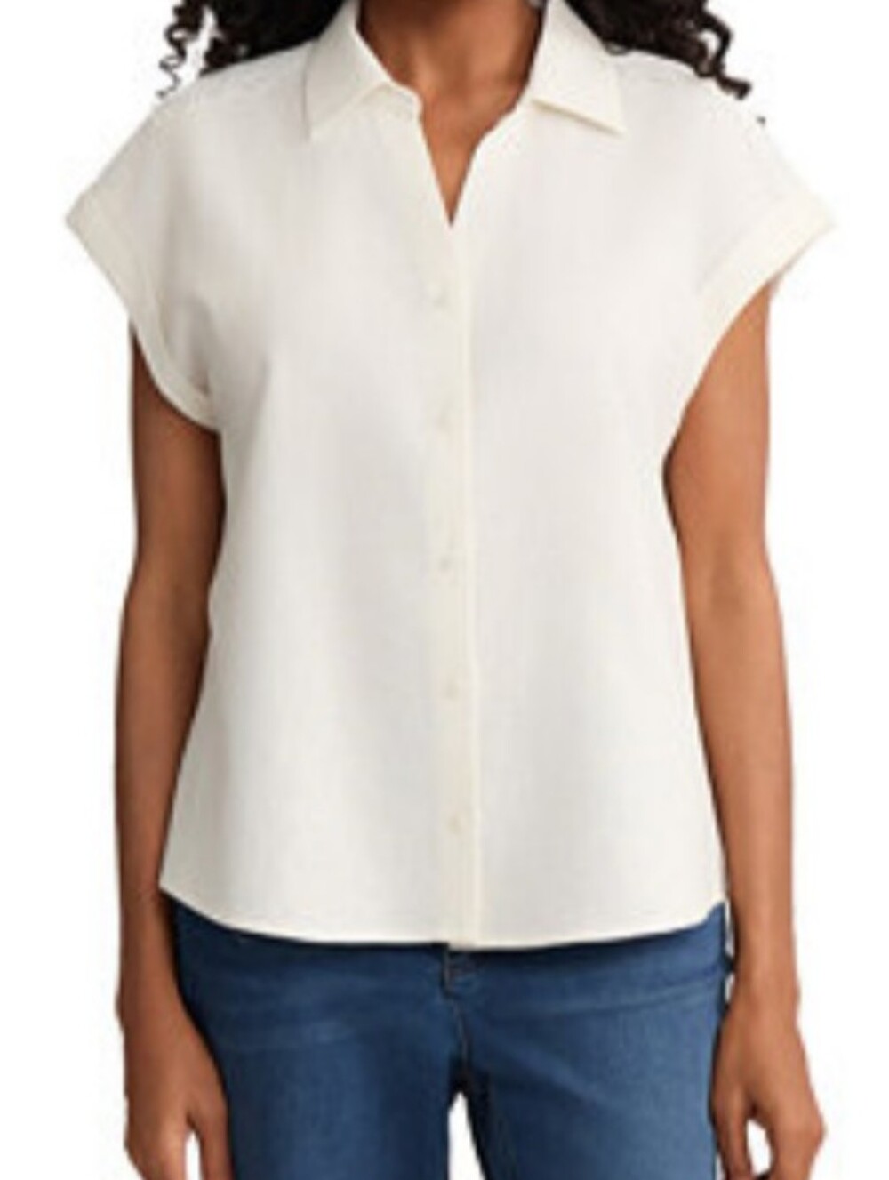 Petite Collared Short-Sleeve Linen Button Blouse